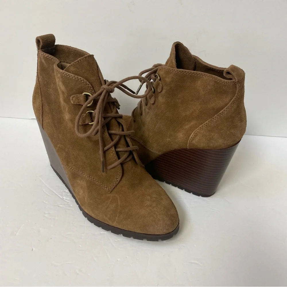 Anthropologie Splendid Paris Brown Suede Wedge Lace-Up Ankle Booties Size 9
